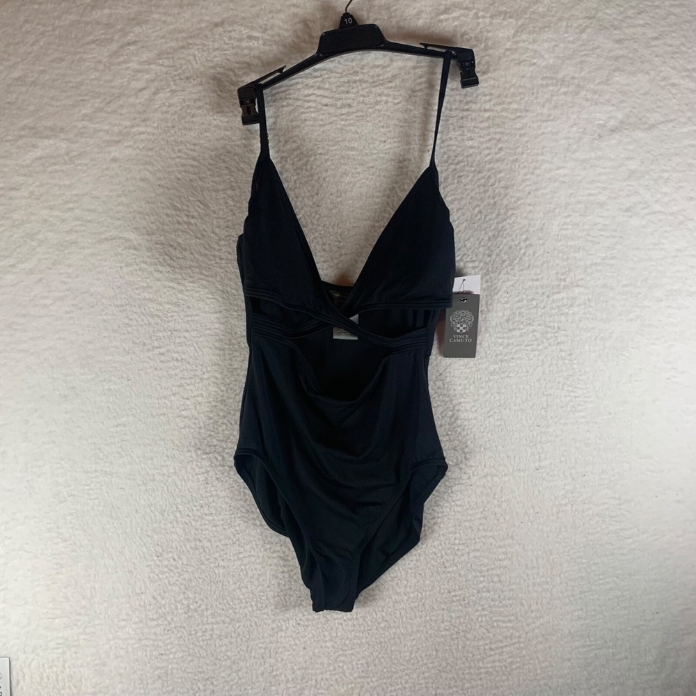 Vince Camuto Women's Jet Solid Black Cut Out Wrap One Piece Swimsuit Size 10 NWT